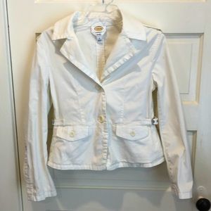 Talbots white stretch buckle button trench blazer